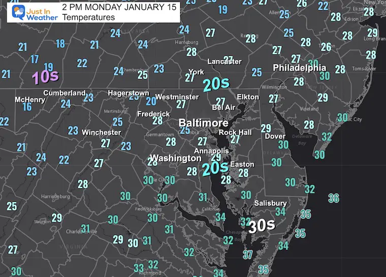 January 15 weather temperatures Monday afternoon