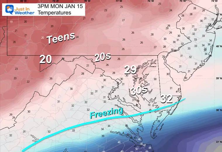 Weather temperatures January 15, Monday afternoon