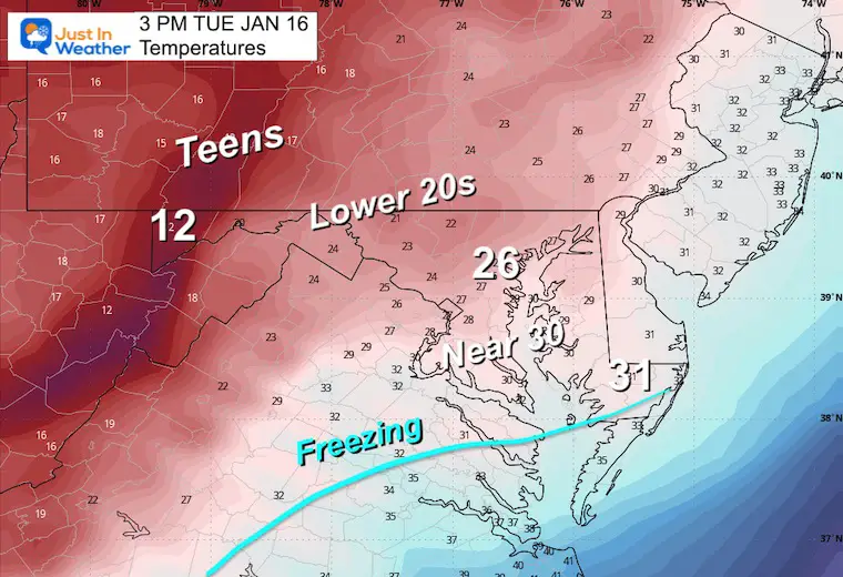 Weather temperatures January 15, Tuesday afternoon