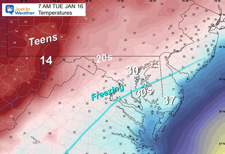 Weather temperatures January 15, Tuesday morning