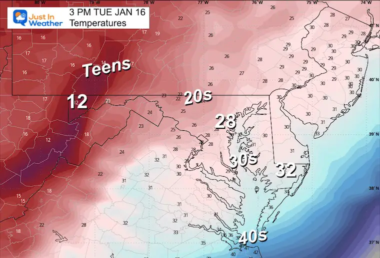 January 16 weather temperatures Tuesday afternoon