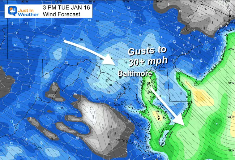 January 16 wind forecast Tuesday afternoon