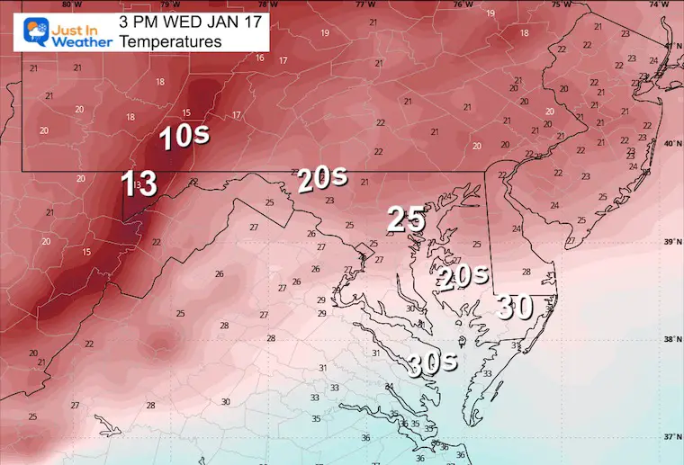January 16 weather temperatures Wednesday afternoon