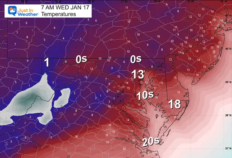 January 16 weather temperatures Wednesday morning