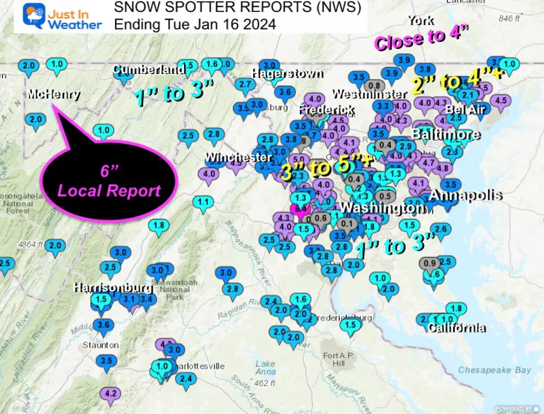 January 16 snow report Maryland Virginia 