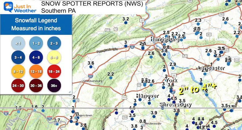January 16 snow reports Pennsylvania