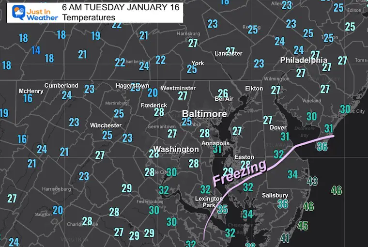 January 16 weather temperatures Tuesday morning