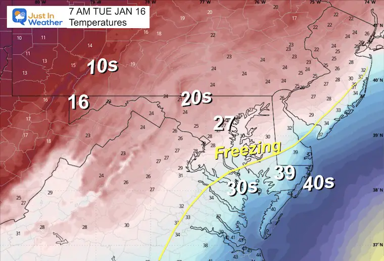 January 15 weather temperatures Tuesday morning