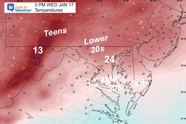 January 16 weather temperatures Wednesday afternoon