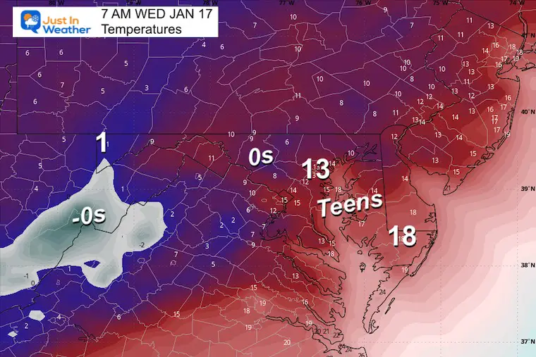 January 16 weather temperatures Wednesday morning