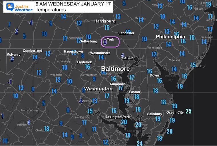 January 17 weather temperatures Wednesday morning