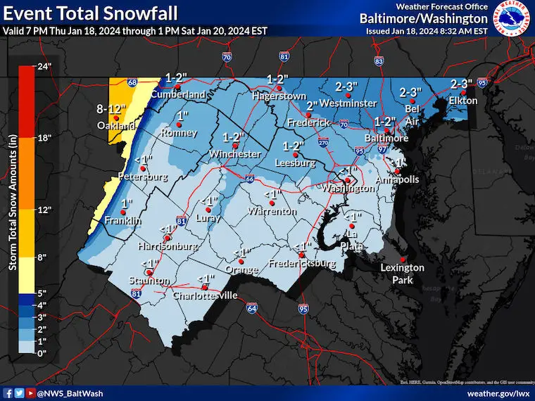 January 18 weather snow Friday NWS Maryland Virginia