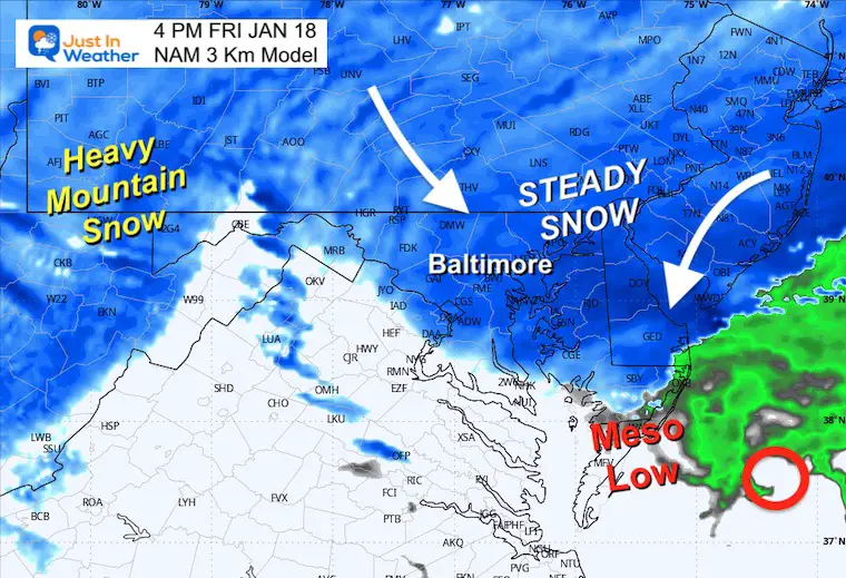January 18 weather snow radar forecast Friday NAM 4 PM
