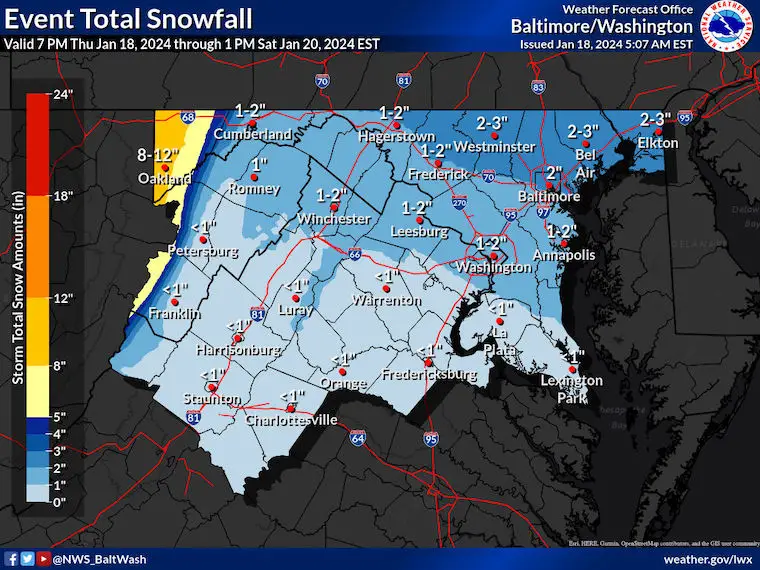 Snow Forecast for January 18 Friday NWS Maryland