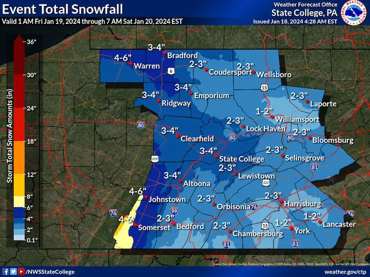 Snow Forecast for January 18 Friday NWS Pennsylvania