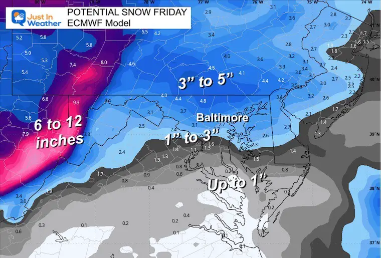 Snow forecast for January 18, Friday ECMWF
