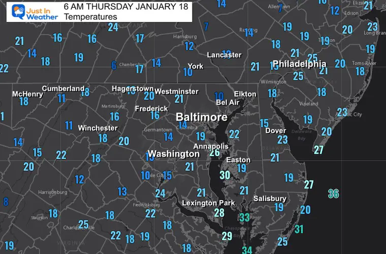 Weather temperatures for January 18 on Friday morning