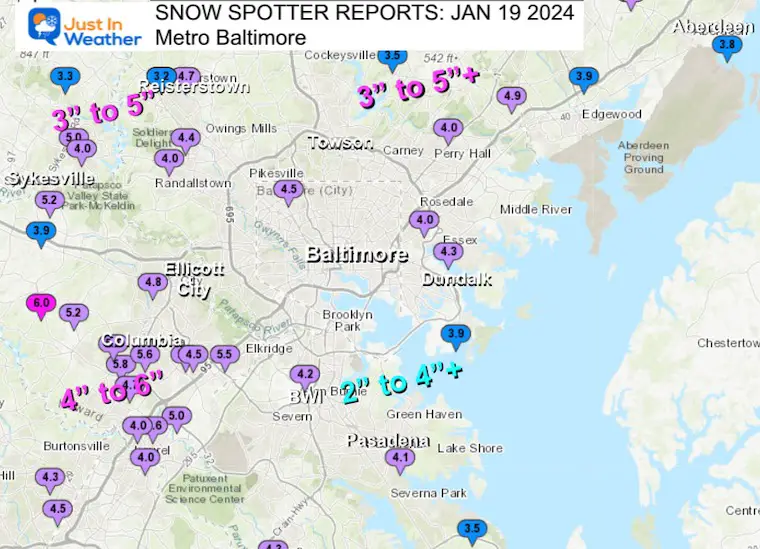January 19 NWS snow spotters Metro Baltimore
