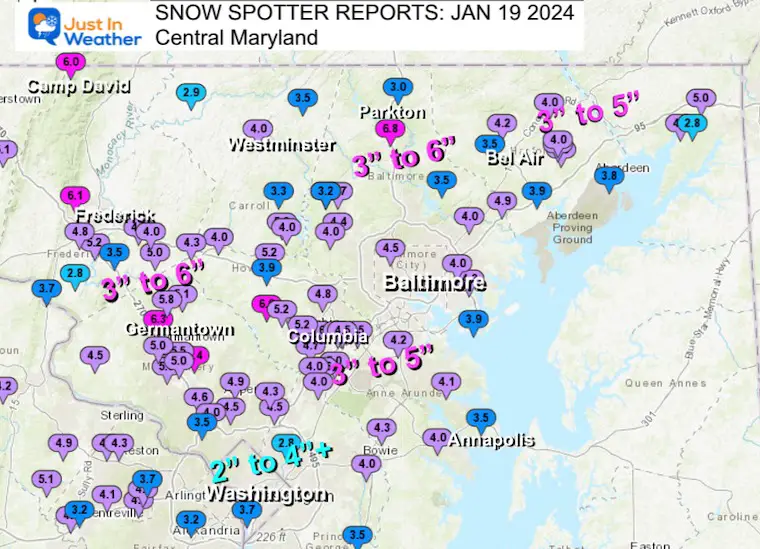 January 19 NWS snow spotters Maryland and Virginia