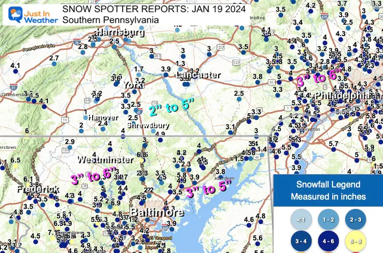 January 19 NWS snow spotters Pennsylvania