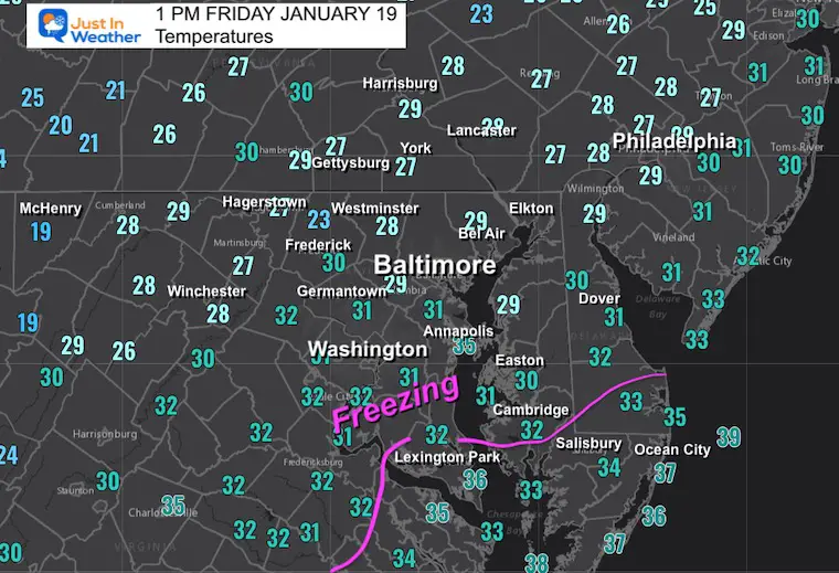 January 19 weather temperatures Friday afternoon