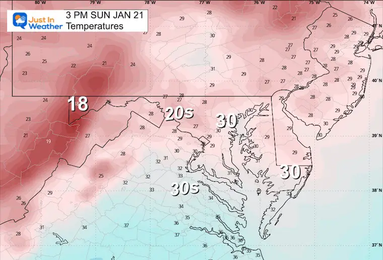 January 20 weather temperatures Sunday afternoon