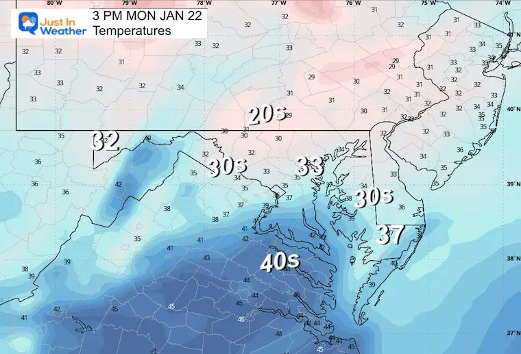 January 21 weather temperatures Monday afternoon 