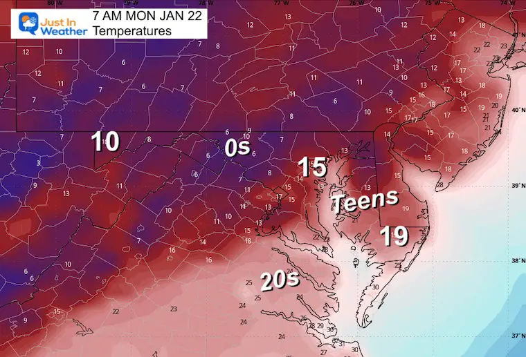 January 21 weather temperatures Monday morning