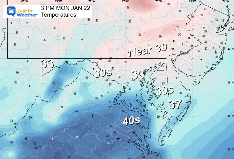 January 22 weather temperatures Monday afternoon