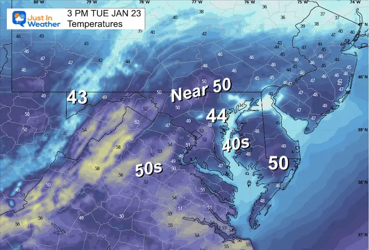 January 23 weather temperatures Tuesday afternoon