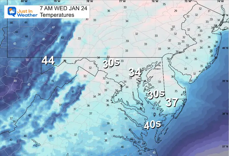 January 23 weather temperatures Wednesday morning