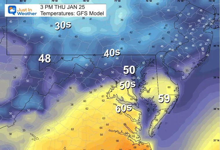 January 25 weather temperatures Thursday afternoon GFS