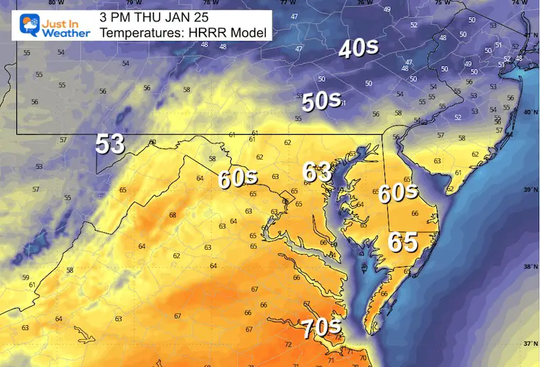 January 25 weather temperatures Thursday afternoon HRRR