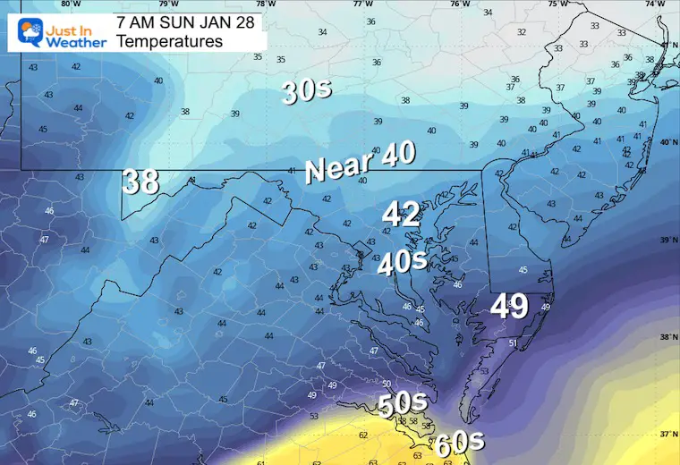 January 27 radar forecast temperatures Sunday 7 AM