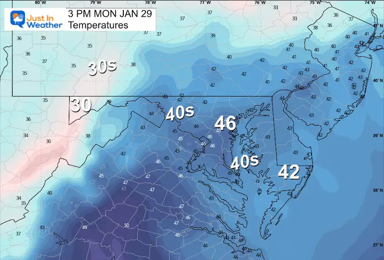 January 28 weather temperatures Monday afternoon