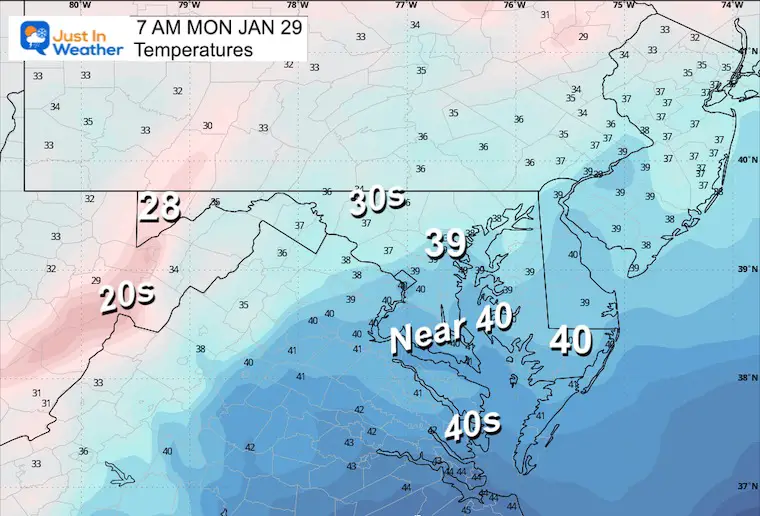 January 28 weather temperatures Monday morning
