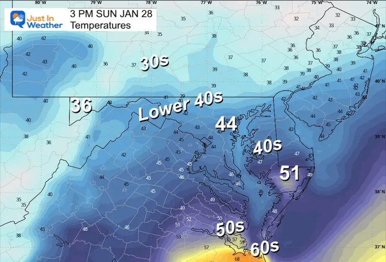 January 28 weather temperatures Sunday afternoon