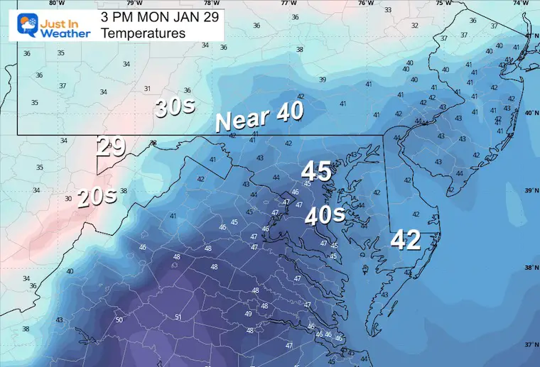 January 29 weather temperatures Monday afternoon