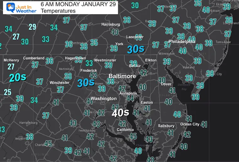January 29 weather temperatures Monday Morning