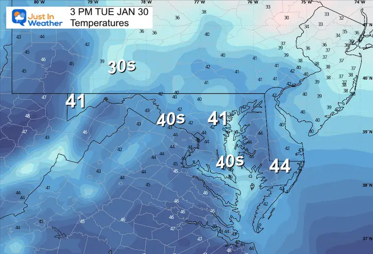 January 29 weather temperatures Tuesday Afternoon