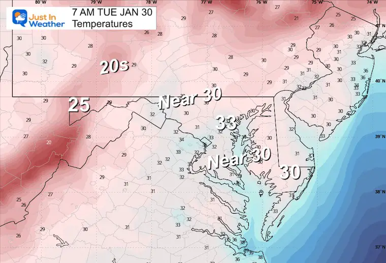 January 29 weather temperatures Tuesday Morning