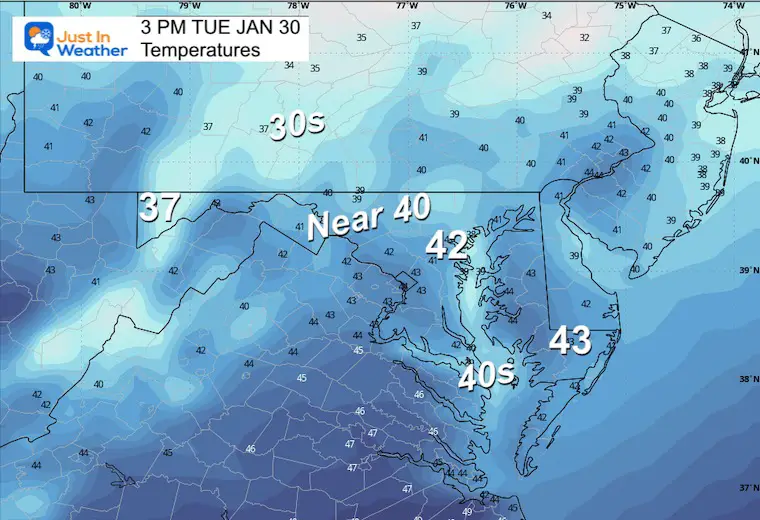 January 30 weather forecast temperatures Tuesday afternoon