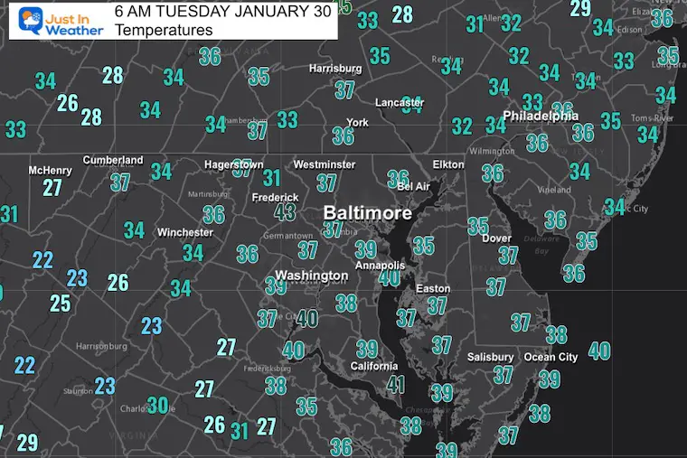 January 30 weather temperatures Tuesday Morning