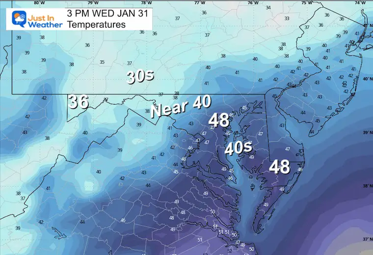 January 30 weather temperatures Wednesday afternoon