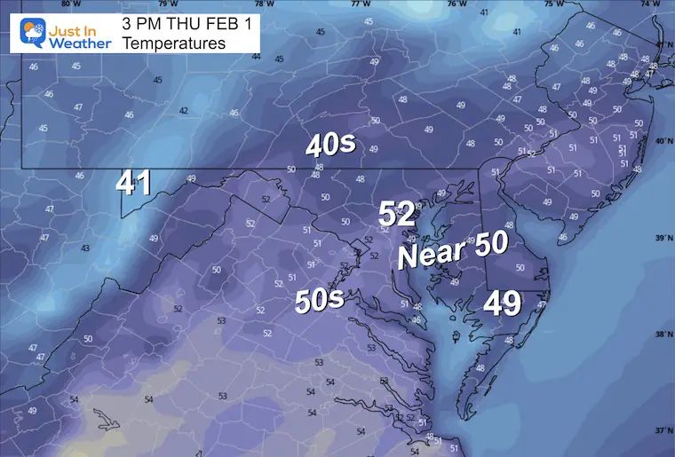 January 31 weather forecast temperatures Thursday afternoon