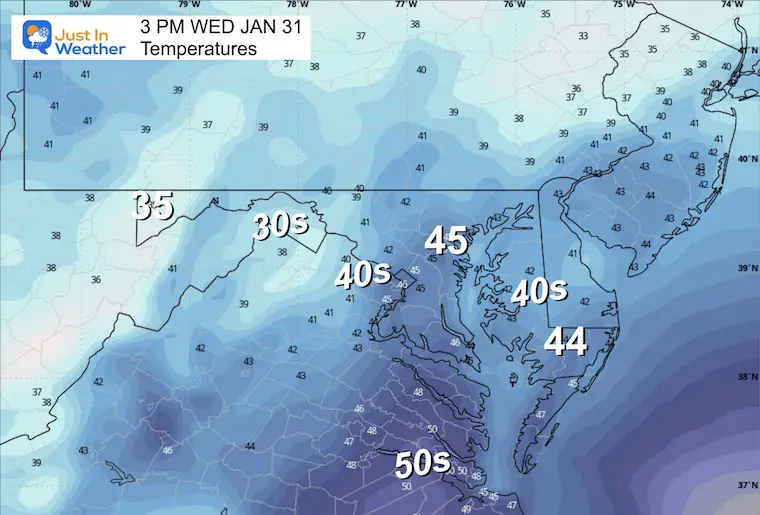 January 31 weather forecast temperatures Wednesday afternoon