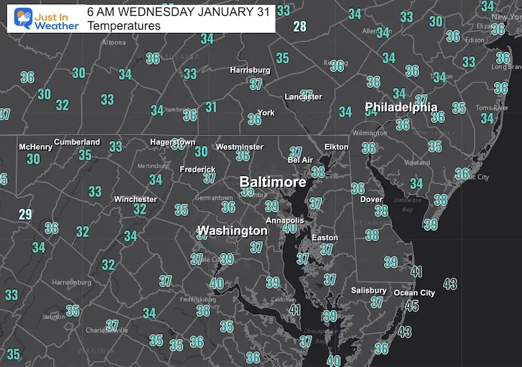 January 31 weather temperatures Wednesday morning