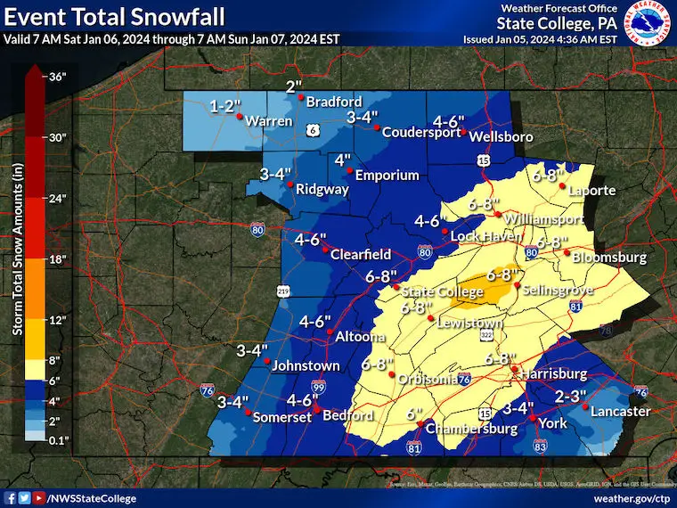 January 5 weather snow forecast NWS Pennsylvania
