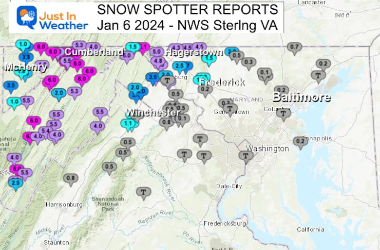 January 6 snow spotters NWS Maryland Virginia