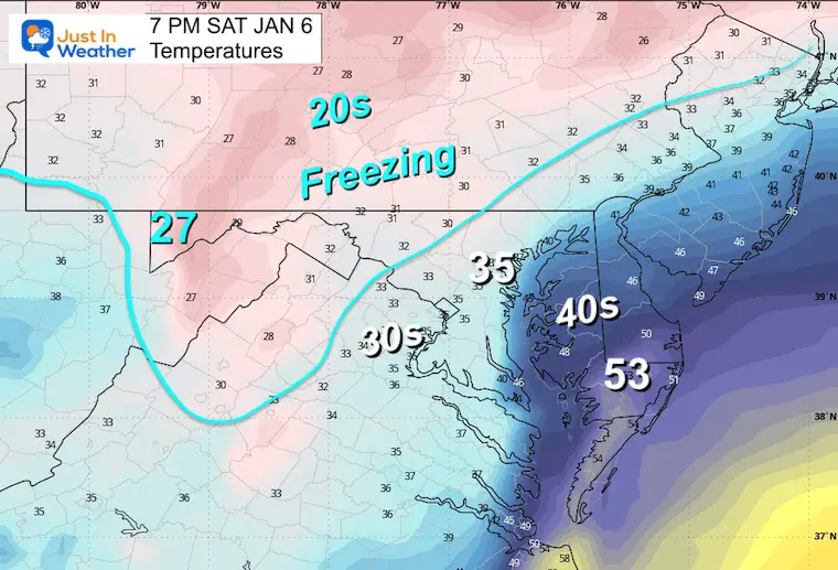 January 6 weather temperatures Saturday afternoon 7 PM